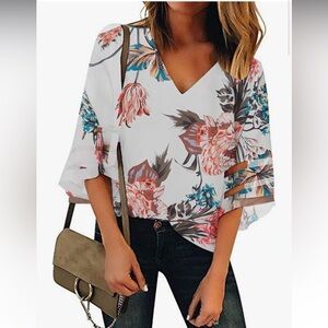 Amazon Floral V-Neck Blouse - White and Blue